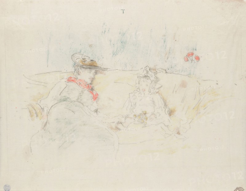 Lady and Child, 1892, James McNeill Whistler, American, 1834-1903, United States, Transfer lithograph from five stones, in gray (keystone), blue, green, brown, yellow, orange, red, and ochre on cream Japanese gampi paper, 160 x 257 mm (image), 170 x 289 mm (with registration marks), 222 x 272 mm (sheet)