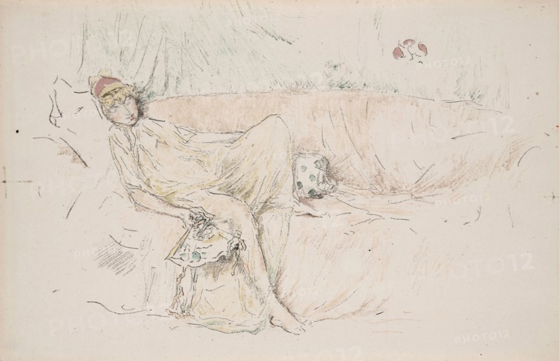 Draped Figure, Reclining, 1892, James McNeill Whistler, Printed by Henry Belfond, American, 1834-1903, United States, Transfer lithograph from five stones, in black (keystone), bluish-green, olive green, yellowish green, yellow, purple-brown, pale ochre, orange-red, and rose on ivory laid paper, 180 x 258 mm (image), 187 x 288 mm (sheet)