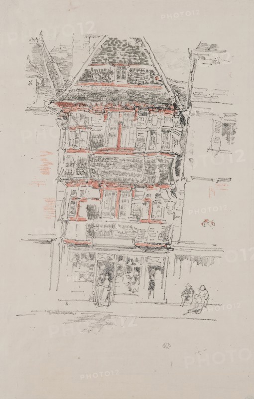Red House, Paimpol, 1893, James McNeill Whistler, Printed by Henry Belfond, American, 1834-1903, United States, Transfer lithograph from three stones, in black (keystone), red, and gray inks, with scraping, on cream Japanese paper, 227 x 162 mm (image), 238 x 162 mm (image, with registration marks), 317 x 203 mm (sheet)