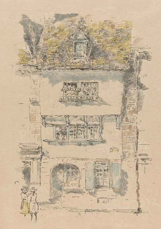 Yellow House, Lannion, 1893, James McNeill Whistler, American, 1834-1903, United States, Transfer lithograph, with scraping, from six stones, in black (keystone), greenish gray, brown, light blue, yellow, and gray inks on ivory laid paper, 242 x 162 mm (image), 367 x 239 mm (sheet)