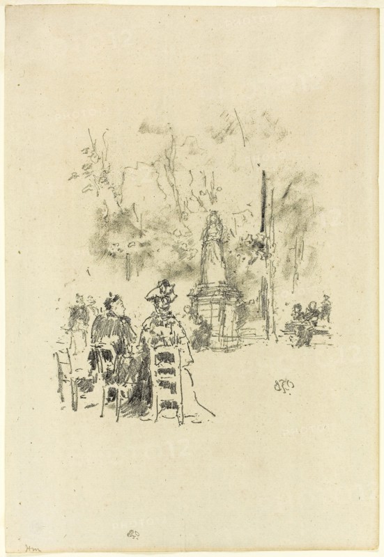 Conversation under the Statue, Luxembourg Gardens, 1893, James McNeill Whistler, American, 1834-1903, United States, Transfer lithograph in black with stumping, on cream laid paper, 170 x 154 mm (image), 294 x 200 mm (sheet)