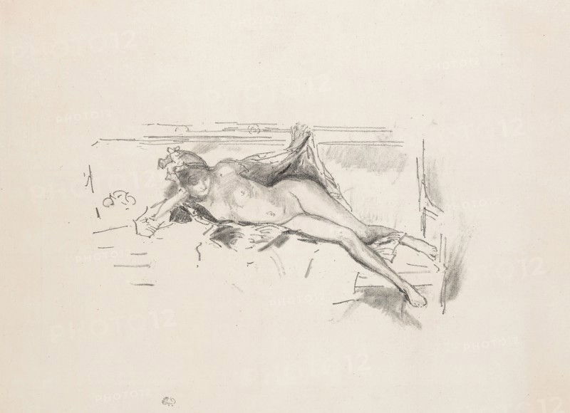 Nude Model, Reclining, 1893, James McNeill Whistler, American, 1834-1903, United States, Transfer lithograph in black, with stumping, on ivory laid paper, 115 x 214 mm (image), 245 x 366 mm (sheet)