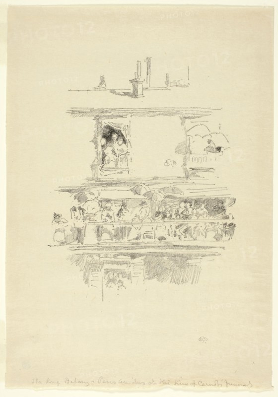 The Long Balcony, 1894, James McNeill Whistler, American, 1834-1903, United States, Transfer lithograph in black on cream laid Japanese vellum, 204 x 158 mm (image), 319 x 222 mm (sheet)