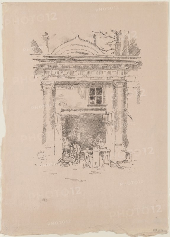 The Whitesmiths, Impasse des Carmélites, 1894, James McNeill Whistler, American, 1834-1903, United States, Transfer lithograph in black with stumping, on cream laid Japanese vellum, 219 x 163 mm (image), 335 x 240 mm (sheet)