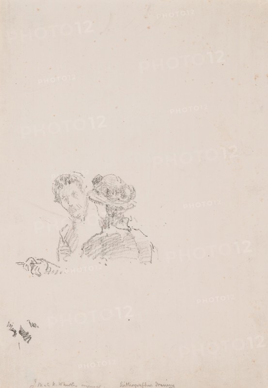 Sketch: Self-Portrait with Miss R. Birnie Philip, 1895, printed posthumously, James McNeill Whistler, American, 1834-1903, United States, Transfer lithograph in black on cream wove proofing paper, 73 x 102 mm (image), 124 x 112 (image, with crayon trials and stray marks), 286 x 228 mm (sheet)