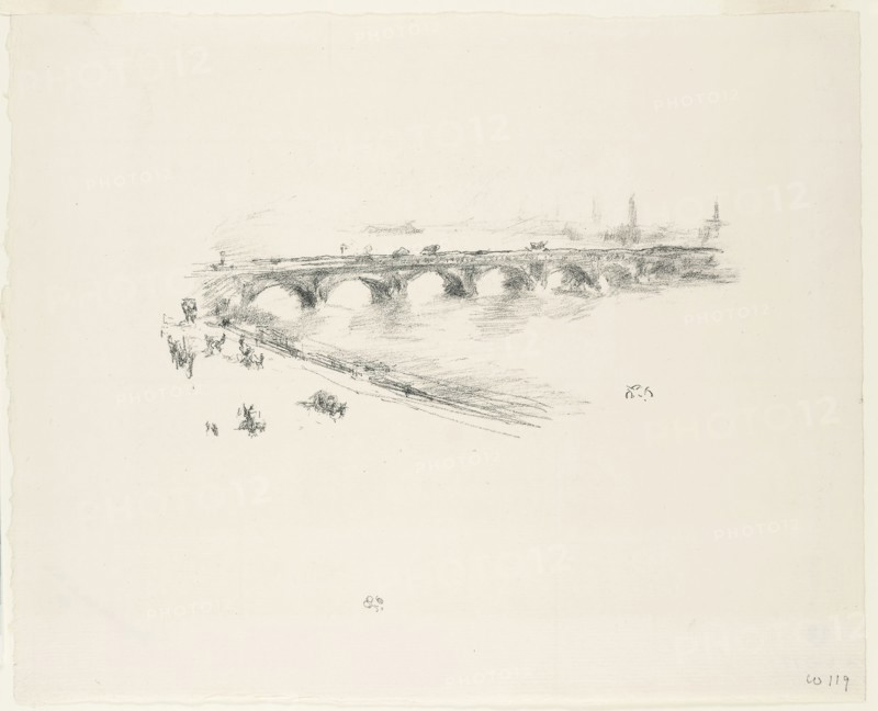 Evening, Little Waterloo Bridge, 1896, James McNeill Whistler, American, 1834-1903, United States, Transfer lithograph in black with stumping, on cream laid paper, 93 x 194 mm (image), 229 x 283 mm (sheet)