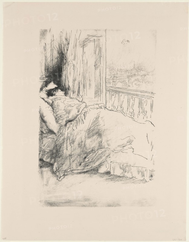 By the Balcony, 1896, James McNeill Whistler, American, 1834-1903, United States, Transfer lithograph in black with stumping and scraping, on cream wove proofing paper, 217 x 142 mm (image), 286 x 222 mm (sheet)