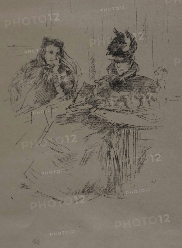 Afternoon Tea, 1897, James McNeill Whistler, American, 1834-1903, United States, Transfer lithograph in black on tan laid Japanese vellum, 185 x 157 mm (image), 397 x 242 mm (sheet)