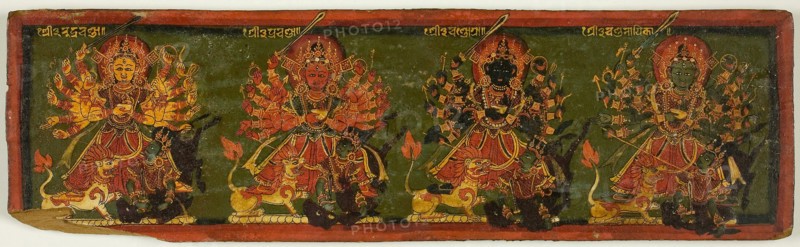 Manuscript Cover from a Copy of the Devimahatmiya with Goddess Durga, Slayer of the Buffalo Demon (Mahishasuramardini), 18th century, Nepal, Nepal, Pigments on wood, 9.8 x 32.8 x 0.9 cm (3 7/8 x 12 7/8 in.)