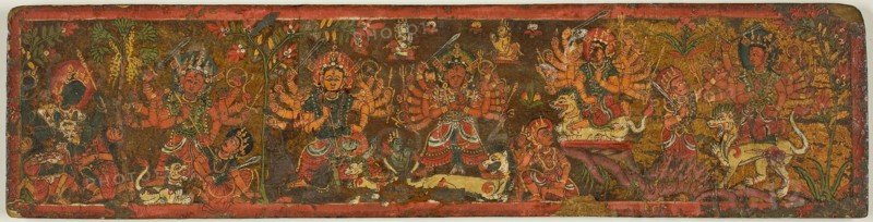 Manuscript cover with God Vishnu and Goddess Durga on a Snow Lion, 18th century, Nepal, Nepal, Pigments on wood, 9.5 x 38 cm (3 3/4 x 15 in.)