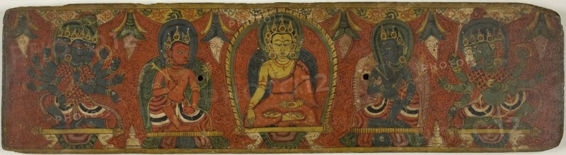 Manuscript Cover with Buddha, Two Bodhisattvas and Two Protective Deities (Lokapalas), c. 1575, Nepal, Nepal, Pigments on wood, 12.2 x 45.7 x 1.8 cm (4 7/8 x 18 x 3/4 in.)