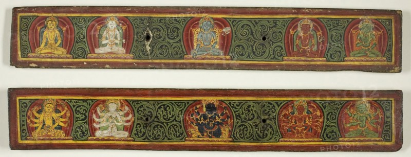Pair of Manuscript Covers from the Pancharaksha Depicting the Five Protective Goddesses, 15th century, Nepal, Nepal, Pigments and metallic paint on wood, 5.1 x 34.6 x 0.6 cm (2 x 13 5/8 x 1/4 in.)