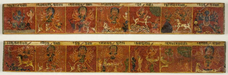 Pair of Manuscript Covers Depicting Scenes from the Devimahatmya, late 17th century, Nepal, Nepal, Pigments and metallic paint on wood, 5.1 x 34.6 x 0.6 cm (2 x 13 5/8 x 1/4 in.)
