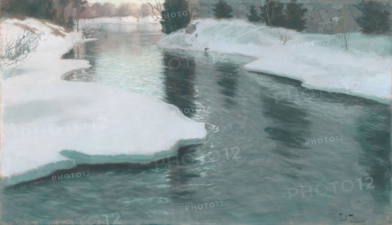 Melting Snow, 1887, Frits Thaulow, Norwegian, 1847-1906, Norway, Pastel on tan wove paper, laid down on canvas and wrapped around a strainer, 546 x 946 mm