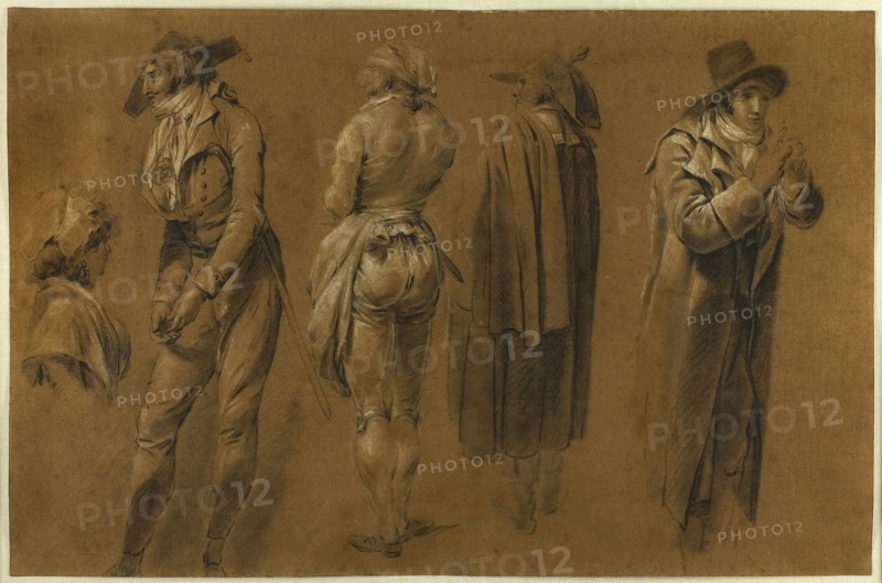Study for The Speculators at the Palais Royal, 1797, Louis Léopold Boilly, French, 1761-1845, France, Black chalk with stumping, heightened with white chalk, on tan laid paper toned with a light brown wash, 271 × 413 mm
