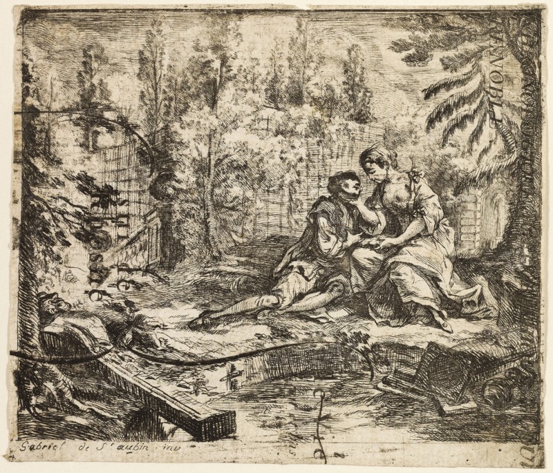 Gallant Conversation, c. 1757, Gabriel-Jacques de Saint-Aubin, French, 1724-1780, France, Etching on ivory laid paper, 100 × 117 mm (image/plate/sheet)