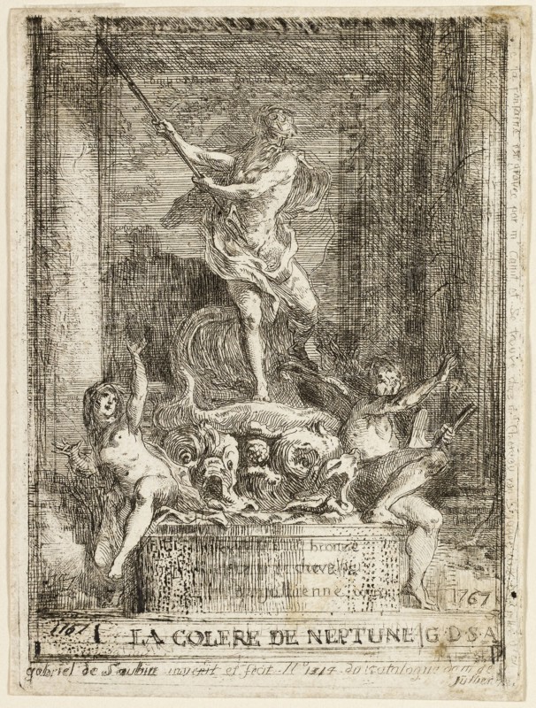 The Anger of Neptune Fountain, 1767, Gabriel Jacques de Saint-Aubin (French, 1724-1780), after a fountain by Jacques-François Blondel (French, 1705-1774), France, Etching on ivory laid paper, 107 × 80 mm (image/plate), 110 × 82 mm (sheet)