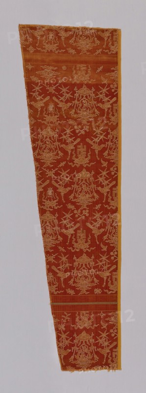 Fragment (Dressing Fabric), Ming dynasty (1368–1644), 16th century, China, Silk and gold-leaf-over-lacquered-paper-strip-wrapped silk, chevron twill weave with supplementary patterning wefts and supplementary pile warps forming cut and uncut voided velvet, embroidered with silk and gold-leaf-over-lacquered-paper-strip-wrapped silk in laidwork and couching, 173.7 × 52.1 cm (68 3/8 × 20 1/2 in.)
