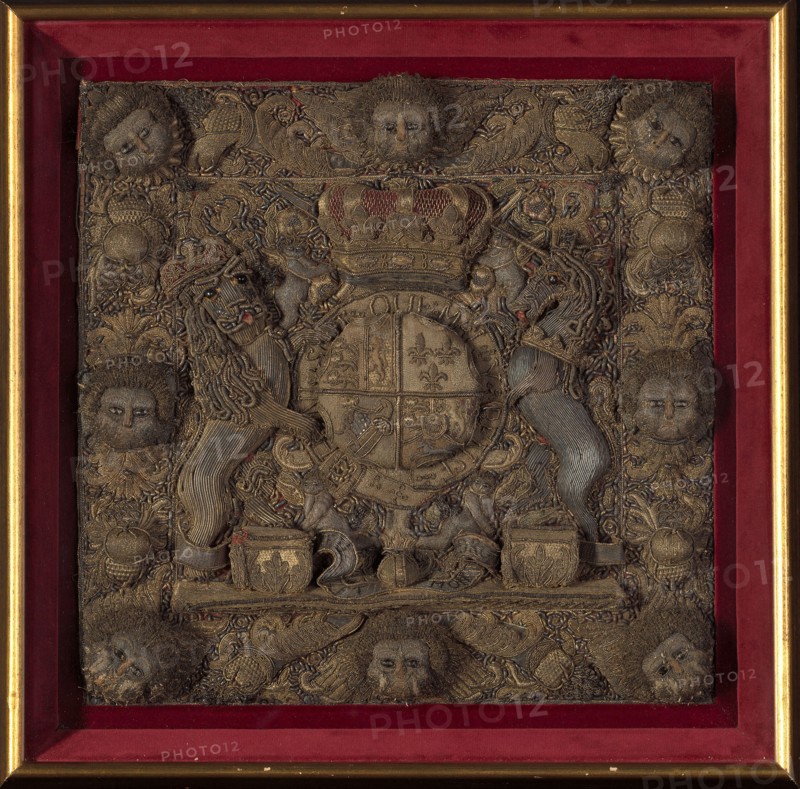 Burse Panel, 18th century, England, Silk, plain weave with supplementary pile warps forming cut solid velvet, appliquéd with silk broken twill weave with supplementary pile warps forming cut solid velvet, linen plain weave, and with wool plain weave, fulled, embroidered in high relief with silk, gilt-and silvered-metal strips, wires and coils, gilt-and silvered-metal strip wrapped silk and metal-wire wrapped gilt-and silvered-metal strip wrapped silk in laidwork, couching and linen and wool padded couching, 50.5 × 50.8 cm (19 7/8 × 20 in.)