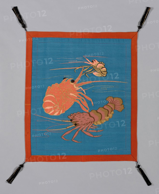 Fukusa (Gift Cover), late Edo period (1789–1868)/ Meiji period (1868–1912), 19th century, Japan, Pattern side: silk, gold-leaf-over-lacquered-paper-strip wrapped cotton, slit tapestry weave (tsuzure), lining: silk, plain weave with creped wefts (chirimen, hitokoshi), sewn with lining extending beyond front equally along edges of all sides (shihôhi), corners: silk, four-strand square braid, knotted atop open buttonhole filling stitch covered gold-leaf-over-lacquered-paper cap, silk and gold-leaf-over-lacquered-paper-strip wrapped cotton, replied fringe tassels, 80.7 x 69.9 cm (31 3/4 x 27 1/2 in.)