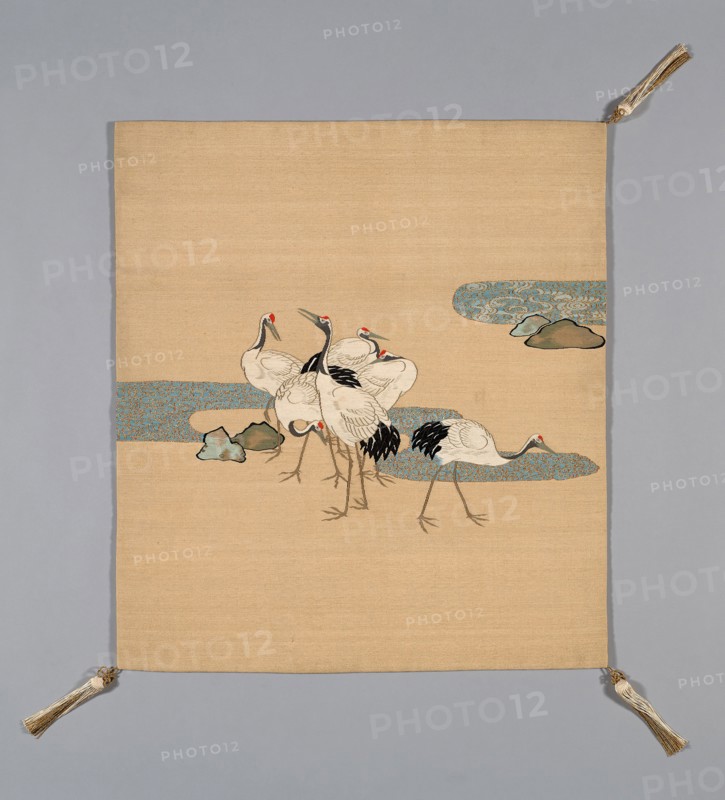 Fukusa (Gift Cover), late Edo period (1789–1868)/ Meiji period (1868–1912), 19th century, Japan, Mon side: silk, warp-faced, weft ribbed plain weave (shioze), dye extracted through stenciled chemical dye stripper (bassen), patterned side: cotton, silk and gold-leaf-over-lacquered-paper strip wrapped silk, slit tapestry weave with wrapped outlining wefts (tsuzure), paper interlining, Sewn with front and lining matched in size (Tachikiri awase), corners: silk, gold-leaf-over-lacquered-paper strip wrapped silk, tubular 1:1 oblique interlacing over cotton core, knotted, silk-wrapped cotton ball and re-plied silk, gold-leaf-over-lacquered-paper strip wrapped silk fringe tassels, 68 x 60.7 cm (26 3/4 x 23 7/8 in.)