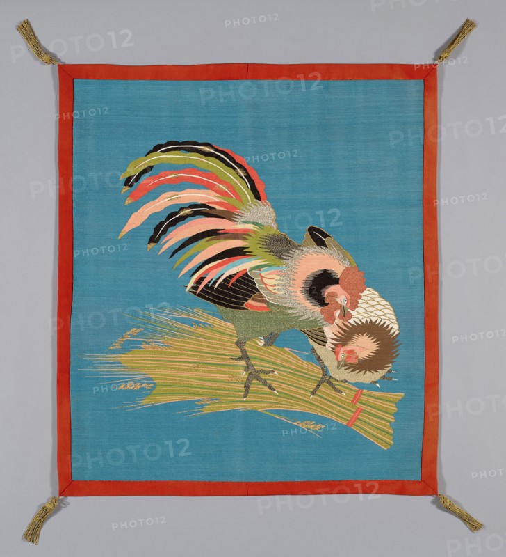 Fukusa (Gift Cover), late Edo period (1789–1868)/ Meiji period (1868–1912), 19th century, Japan, Pattern side: silk, gold-leaf-over-lacquered-paper-strip-wrapped silk, slit tapestry weave (tsuzure), lining: silk, plain weave with creped wefts (chirimen, hitokoshi), sewn with padded lining extending beyond front on all four sides (Yatsuzuma), corners: silk, gold-leaf-over-lacquered-paper-strip-wrapped silk, 1:1 tubular oblique interlacing over cotton core, knotted, gold-leaf-over-lacquered-paper-strip-wrapped silk wrapped cotton ball, and re-plied fringe tassels, 78.1 x 68.95 cm (30 3/4 x 27 1/8 in.)