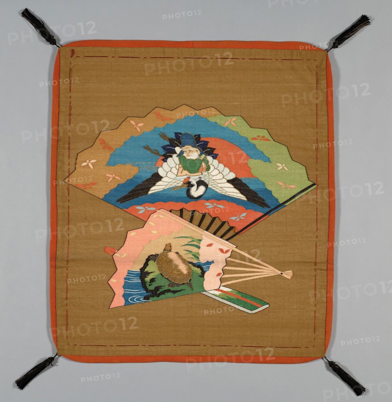 Fukusa (Gift Cover), late Edo period (1789–1868)/ Meiji period (1868–1912), 19th century, Japan, Pattern side: silk, gold-leaf-over-lacquered-paper-strip-wrapped cotton, slit and single interlocking tapestry weave with outlining wefts (tsuzure), lining: silk, plain weave with creped wefts (chirimen, hitokoshi), sewn with padded lining extending beyond front at center on all four sides (yatsuzuma), controlling stitches: silk, running controlling stitches along all edges, corners: silk, four-strand square braid, knotted atop open buttonhole filling stitch covered gold-leaf-over-lacquered-paper cap over cotton ball, silk and gold-leaf-over-lacquered-paper-strip-wrapped cotton re-plied fringe tassels, 76.9 x 68 cm (30 1/4 x 26 3/4 in.)