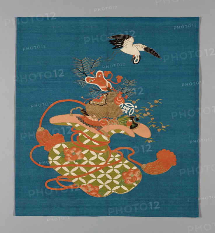 Fukusa (Gift Cover), late Edo period (1789–1868)/ Meiji period (1868–1912), 19th century, Japan, Patterned side: Silk and gold-leaf-over-lacquered-paper strip wrapped cotton, slit tapestry weave with wrapping outing wefts (tsuzure), 64.5 x 59.2 cm (25 3/8 x 23 5/16 in.)