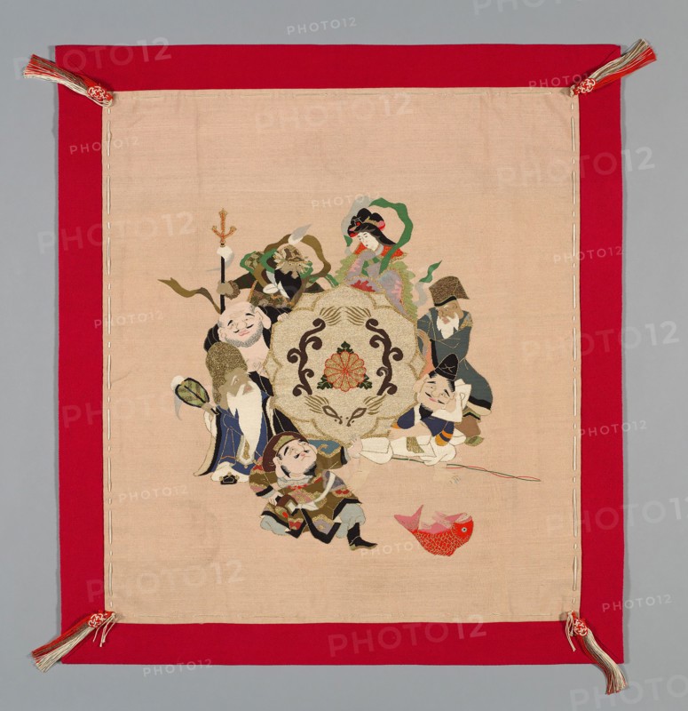 Fukusa (Gift Cover), late Edo period (1789–1868)/ Meiji period (1868–1912), 19th century, Japan, Mon side: silk, plain weave with creped wefts (chirimen), embroidered with silk and gold-leaf-over-lacquered–paper strip wrapped cotton in laidwork and couching, patterned side: silk and gold-leaf-over-lacquered–paper strip wrapped cotton and wrapped silk, slit and single dovetailed tapestry weave (tsuzure);, 86.7 x 79.1 cm (34 1/8 x 31 1/8 in.)