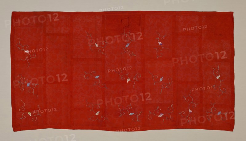Kesa, late Edo period (1789–1868), 1804/44, Japan, Silk, plain weave with rows of 1:1 plain gauze crossings (yoko ro), self-patterned by areas of combined twill weave, pieced, embroidered with silk, gold-leaf-on-lacquered paper strip wrapped cotton, laidwork and couching, 101 x 189 cm (39 3/4 x 74 3/8 in.)