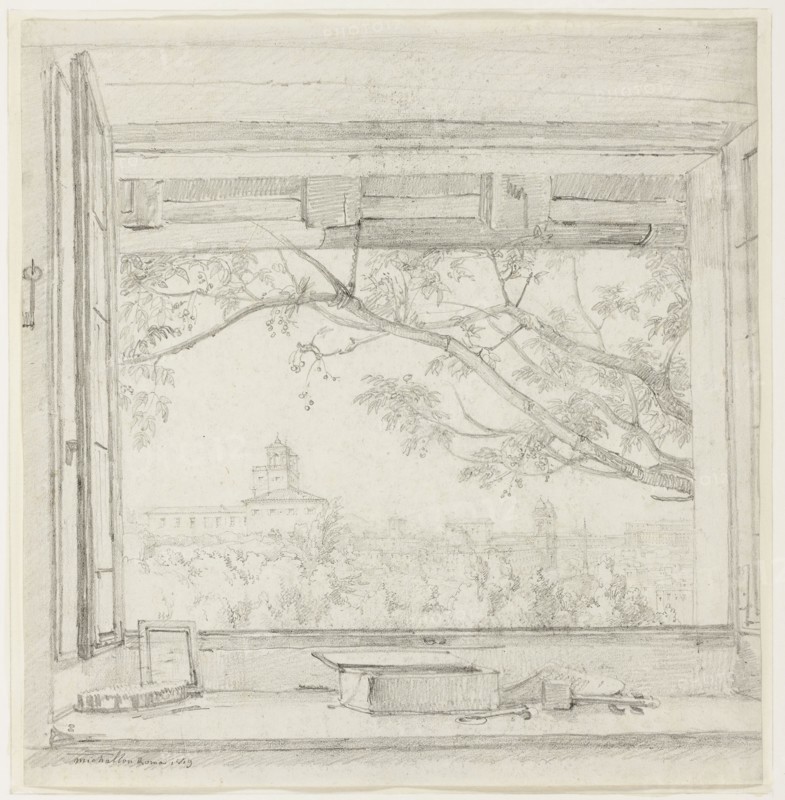 View of the Villa Medici and Sta Trinità dei Monti from Ingres’s Studio in the Pavillon San Gaetano, Rome, 1819, Achille-Etna Michallon, French, 1796-1822, France, Graphite on ivory laid paper, 286 × 275 mm