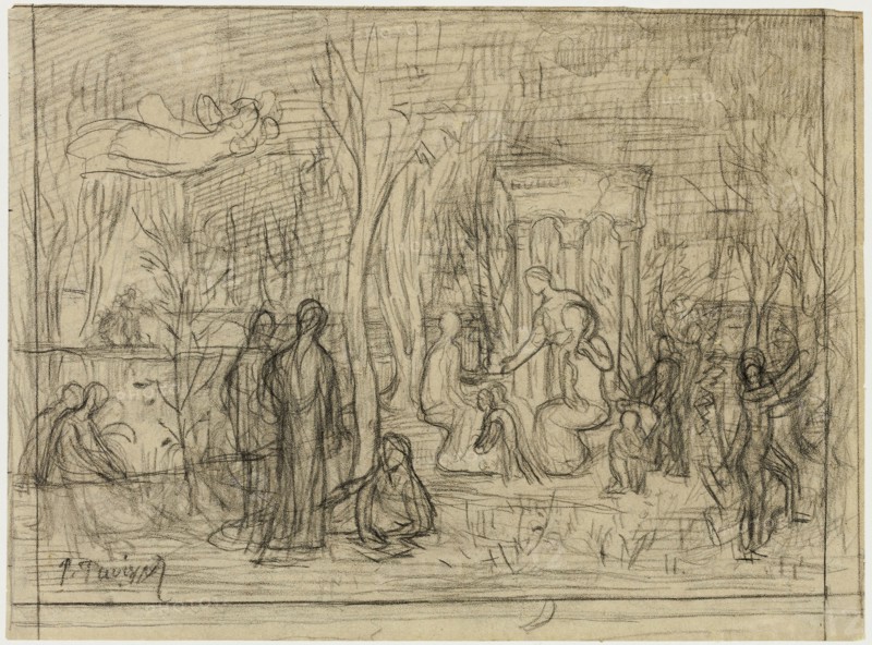 Compositional study for The Sacred Grove, Beloved of the Arts and the Muses, 1883/84, Pierre Puvis de Chavannes, French, 1824-1898, France, Black chalk on tan wove tracing paper, laid down on ivory wove paper, 193 × 262 mm (primary support), 212 × 278 mm (secondary support)