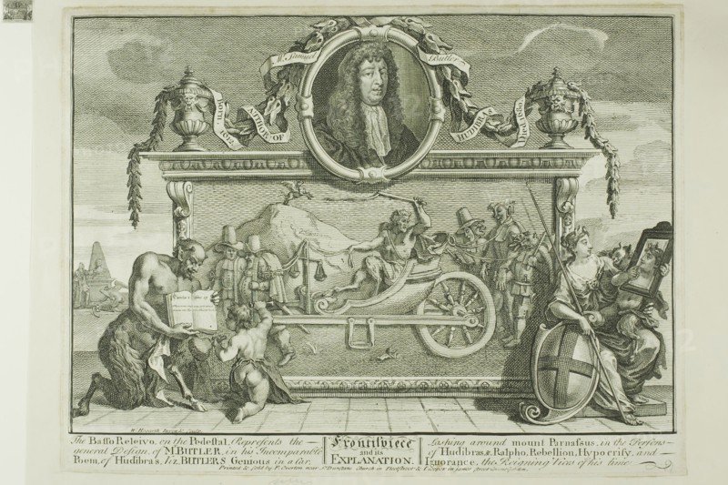 Frontispiece, plate one from Hudibras, February 1725/26, William Hogarth, English, 1697-1764, England, Etching and engraving in black on cream paper edge mounted on cream wove paper, 240 × 347 mm (image), 264 × 353 mm (plate), 269 × 356 mm (primary support), 363 × 458 mm (secondary support)