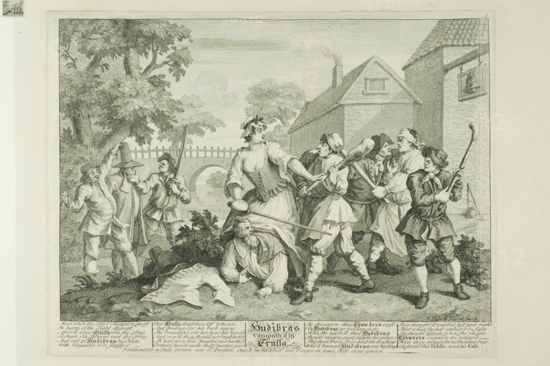 Hudibras Vanquished by Trulla, plate five from Hudibras, February 1725/26, William Hogarth, English, 1697-1764, England, Etching and engraving in black on cream paper edge mounted on cream wove paper, 235 × 335 mm (image), 266 × 346 mm (plate), 270 × 349 mm (primary support), 369 × 472 mm (secondary support)