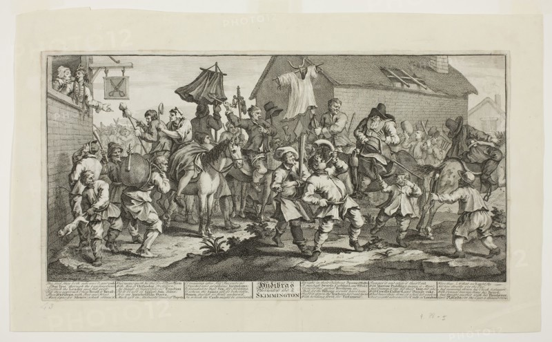 Hudibras and the Skimmington, plate seven from Hudibras, February 1725/26, William Hogarth, English, 1697-1764, England, Engraving in black on cream paper edge mounted on cream wove paper, 246 × 500 mm (image), 270 × 511 mm (plate), 271 × 512 mm (primary support), 352 × 578 mm (secondary support)