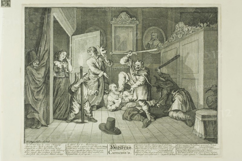 Hudibras Catechized, plate nine from Hudibras, February 1725/26, William Hogarth, English, 1697-1764, England, Etching and engraving in black on cream paper edge, mounted on cream wove paper, 241 × 342 mm (image), 269 × 351 mm (plate), 272 × 356 mm (primary support), 363 × 480 mm (secondary support)