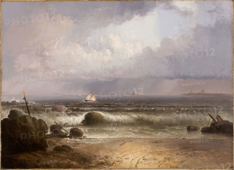 Coming Squall (Nahant Beach with a Summer Shower), 1835, Thomas Doughty, American, 1793–1856, United States, Oil on canvas mounted on cradled panel, 52.1 × 71.4 cm (20 1/2 × 28 1/8 in.)