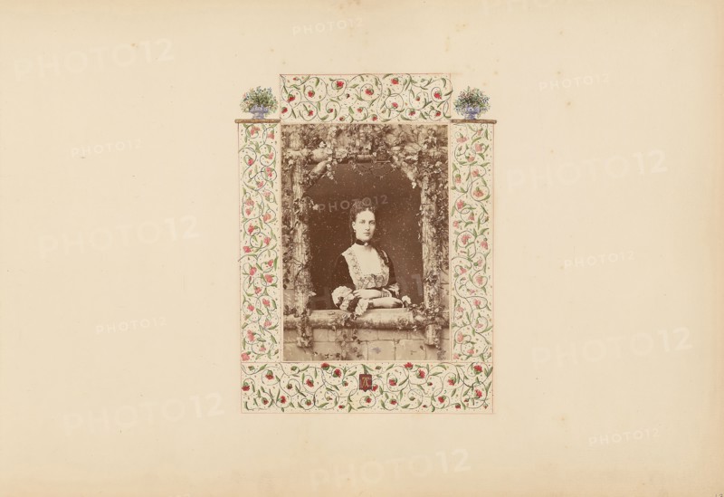 The Madame B Album, 1870s, Marie-Blanche-Hennelle Fournier, French, 1831–1906, France, Albume print with watercolors (in album), 29.2 × 41.9 cm, Pillow, c. 1650/60, England, Linen, plain weave, knotted pile known as "Turkey work
