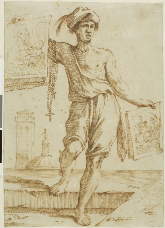 Vendor of Rosaries and Sacred Images, c. 1660, Giuseppe Maria Mitelli, Italian, 1634-1718, Italy, Pen and brown ink, with touches of red chalk, on ivory laid paper, 273 x 194 mm