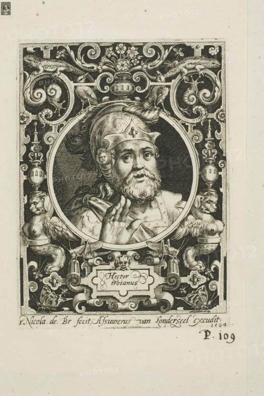 Hector of Troy, plate one from The Nine Worthies, 1594, Nicolaes de Bruyn (Flemish, 1571-1656), published by Assuerus van Londerseel (Flemish, 1572-1635), Flanders, Engraving in black on cream laid paper, 117 × 88 mm (image), 124 × 91 mm (plate), 197 × 153 mm (sheet)