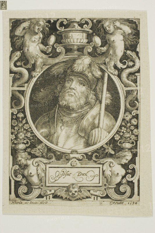Joshua, plate four from The Nine Worthies, 1594, reworked second state, Nicolaes de Bruyn (Flemish, 1571-1656), published by Assuerus van Londerseel (Flemish, 1572-1635), Flanders, Engraving in black on cream laid paper, tipped to cream laid paper, 118 × 84.5 mm (image), 121 × 84.5 mm (primary support, cut within plate), 133 × 98 mm (secondary support)