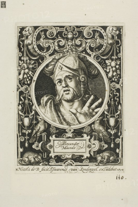 Alexander the Great, plate two from The Nine Worthies, 1594, Nicolaes de Bruyn (Flemish, 1571-1656), published by Assuerus van Londerseel (Flemish, 1572-1635), Flanders, Engraving in black on cream laid paper, 114 × 86 mm (image), 124 × 90 mm (plate), 186 × 149 mm (sheet)
