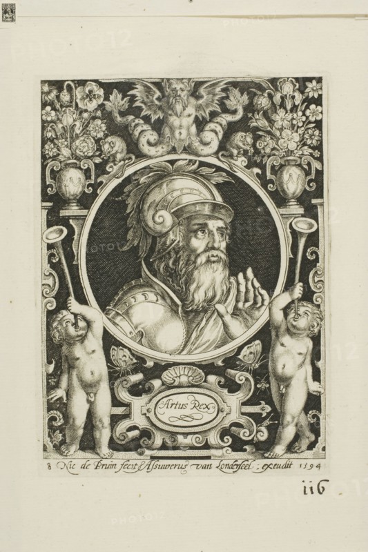 King Arthur, plate eight from The Nine Worthies, 1594, Nicolaes de Bruyn (Flemish, 1571-1656), published by Assuerus van Londerseel (Flemish, 1572-1635), Flanders, Engraving in black on cream laid paper, 117.5 × 86.5 mm (image), 124 × 91 mm (plate), 175 × 143 mm (sheet)
