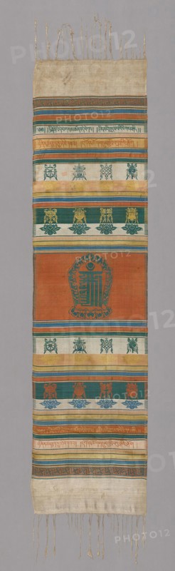 Ceremonial Shawl (Kata), Ming dynasty (1368–1644), 15th/16th century, China, silk, bands of satin weave and bands of satin weave with supplementary patterning wefts bound in satin interlacings, fringe, 247 × 51.7 cm (97 1/4 × 20 3/8 in.)