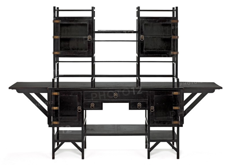 Sideboard, Designed 1867, made c. 1876, Designed by Edward William Godwin, English, 1833-1886, Made by William Watt, English, 1834-1885, London, England, Ebonized mahogany with glass and silvered brass, 181.6 × 255.3 × 50.2 cm (71 1/2 × 100 1/2 × 19 3/4 in.) (with leaves e×tended)