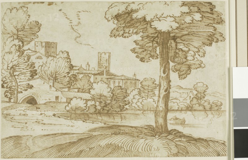 Landscape with a Large Tree on the Right and a Distant View of a Town on the Left, n.d., Giovanni Francesco Grimaldi, called Il Bolognese, Italian, 1606-1680, Italy, Pen and brown iron gall ink, over charcoal, on ivory laid paper, laid down on cream card, 218 x 315 mm