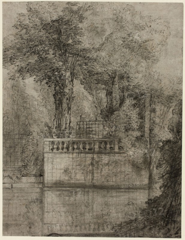 Lattice Work and Reflecting Pool at Arcueil, 1744/47, Jean-Baptiste Oudry, French, 1686-1755, France, Charcoal with stumping, and with traces of erasing, on ivory laid paper, laid down on ivory laid paper, perimeter mounted to a cream wove card, 305 × 234 mm