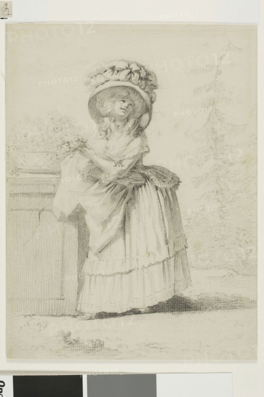 An Elegant Young Woman in a Garden, c. 1785, Alexandre Moitte, French, 1750-1828, France, Black chalk on ivory laid paper, 192 × 145 mm