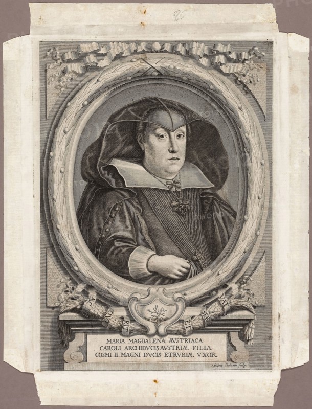 Maria Magdalena of Austria, 1666, published 1761, Adriaen Haelwegh (Dutch, born 1637), published by Giuseppe Allegrini, Florence, 1761, Holland, Engraving on ivory laid paper, 352 x 249 mm (plate), 427 x 323 mm (sheet)