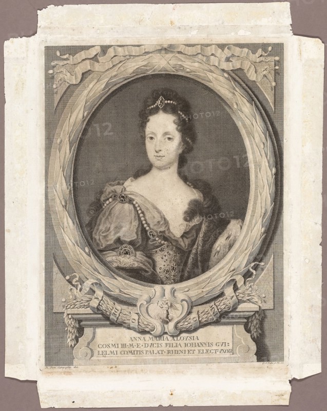 Anna Maria Luisa, 1730, published 1761, Georg Martin Preissler (German, 1700-1754), after Giovanni Domenico Campiglia (Italian, 1692-1768), published by Giuseppe Allegrini, Florence, 1761, Germany, Engraving on ivory laid paper, 359 × 267 mm (plate), 415 × 328 mm (sheet)